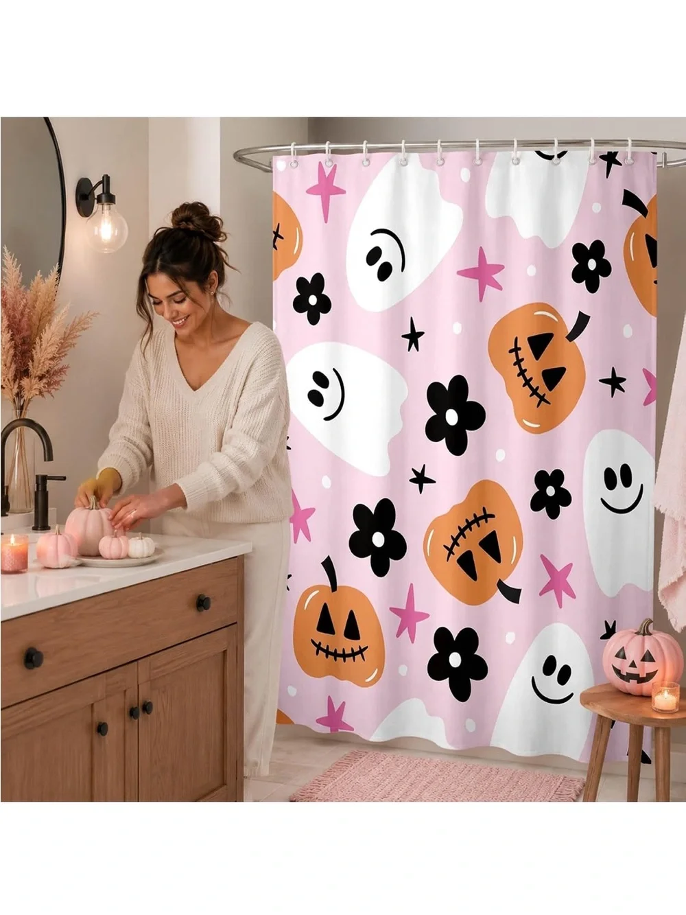 Happy Halloween Shower Curtain, Polyester Bath Decor, Cute Cartoon Ghost Pumpkin